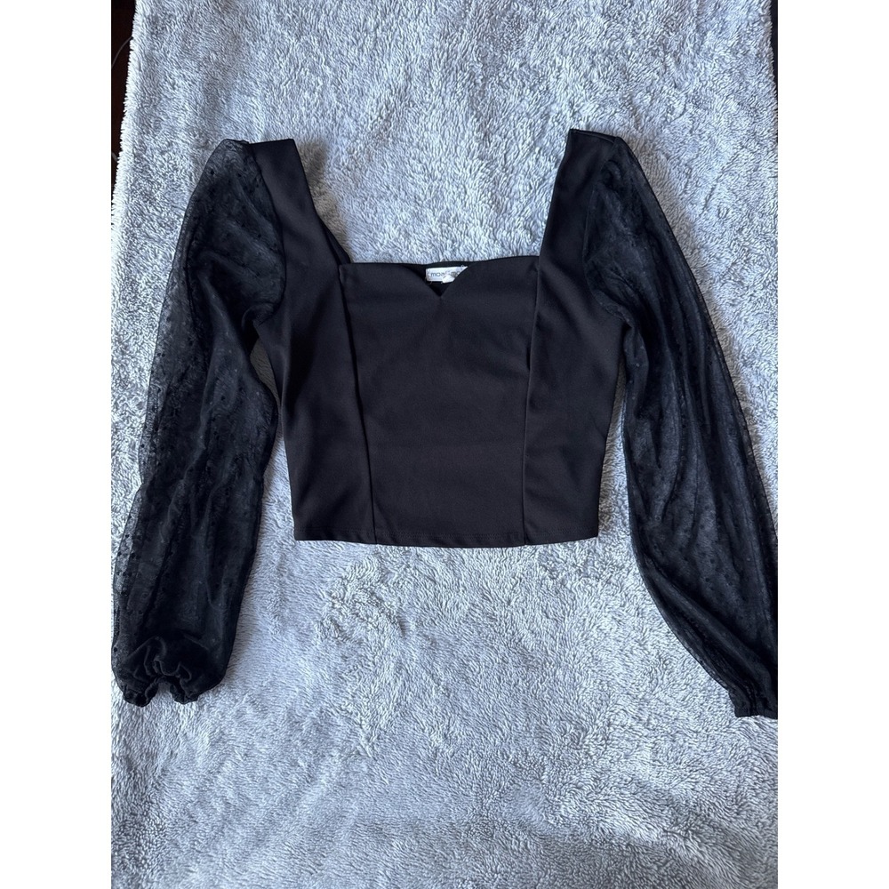 Moa Moa Black Mesh Puff Sleeve Crop Top Sweetheart Neck Y2K Goth S‎ Small